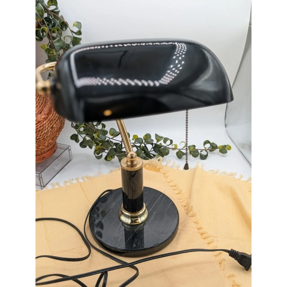 Vtg Black Bankers Desk  Lamp, Heavy Marble Base & Shaft Pull Chain Library